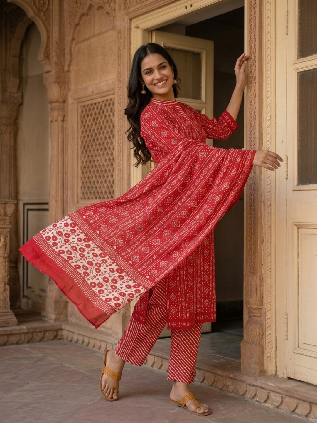 Bandhani Printed Straight Kurta with Pant & Dupatta - Red