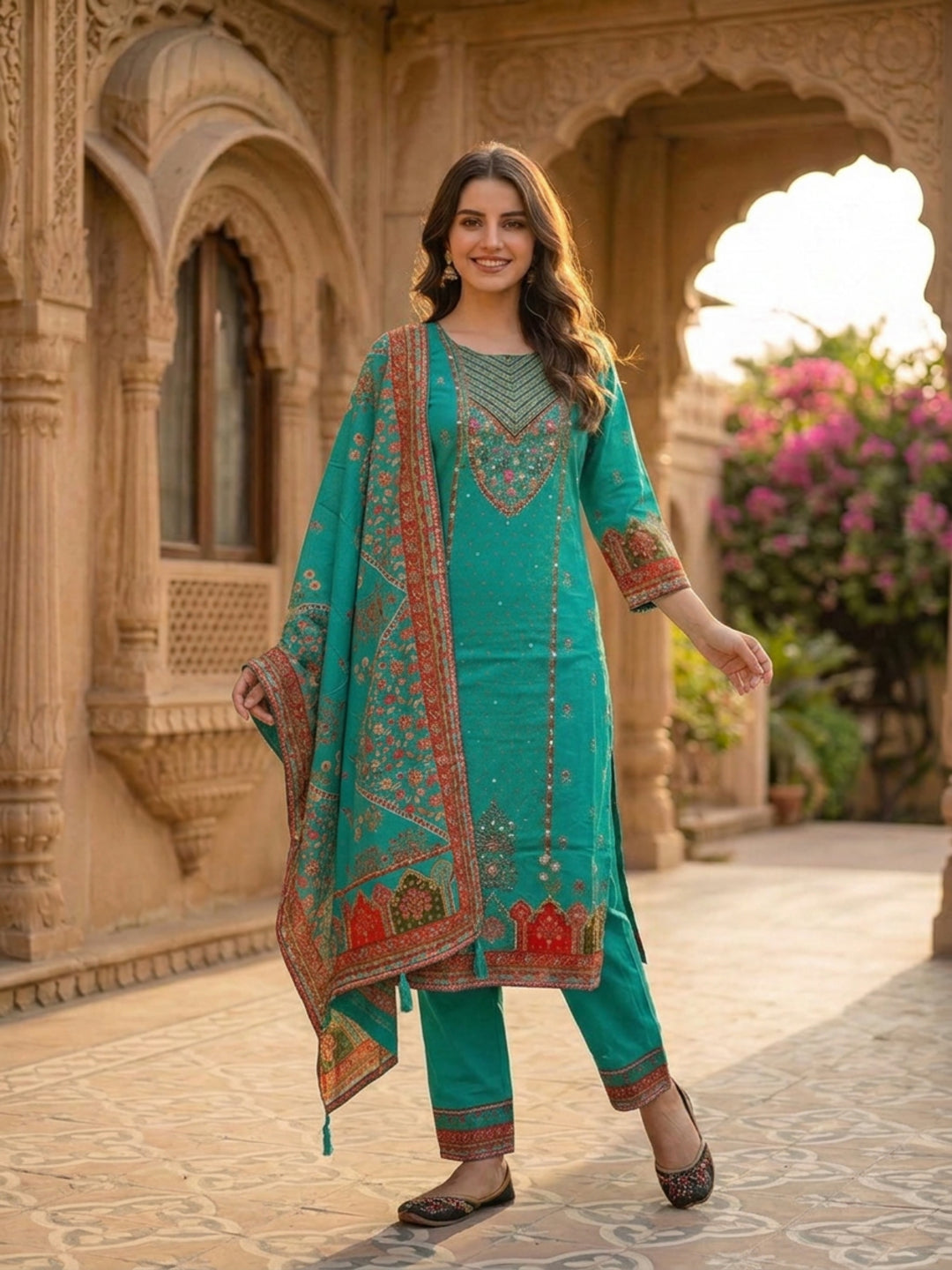 Turquoise Blue Floral Ethnic Printed Embroidered Cotton Straight Kurta Set with Palazzo and Dupatta