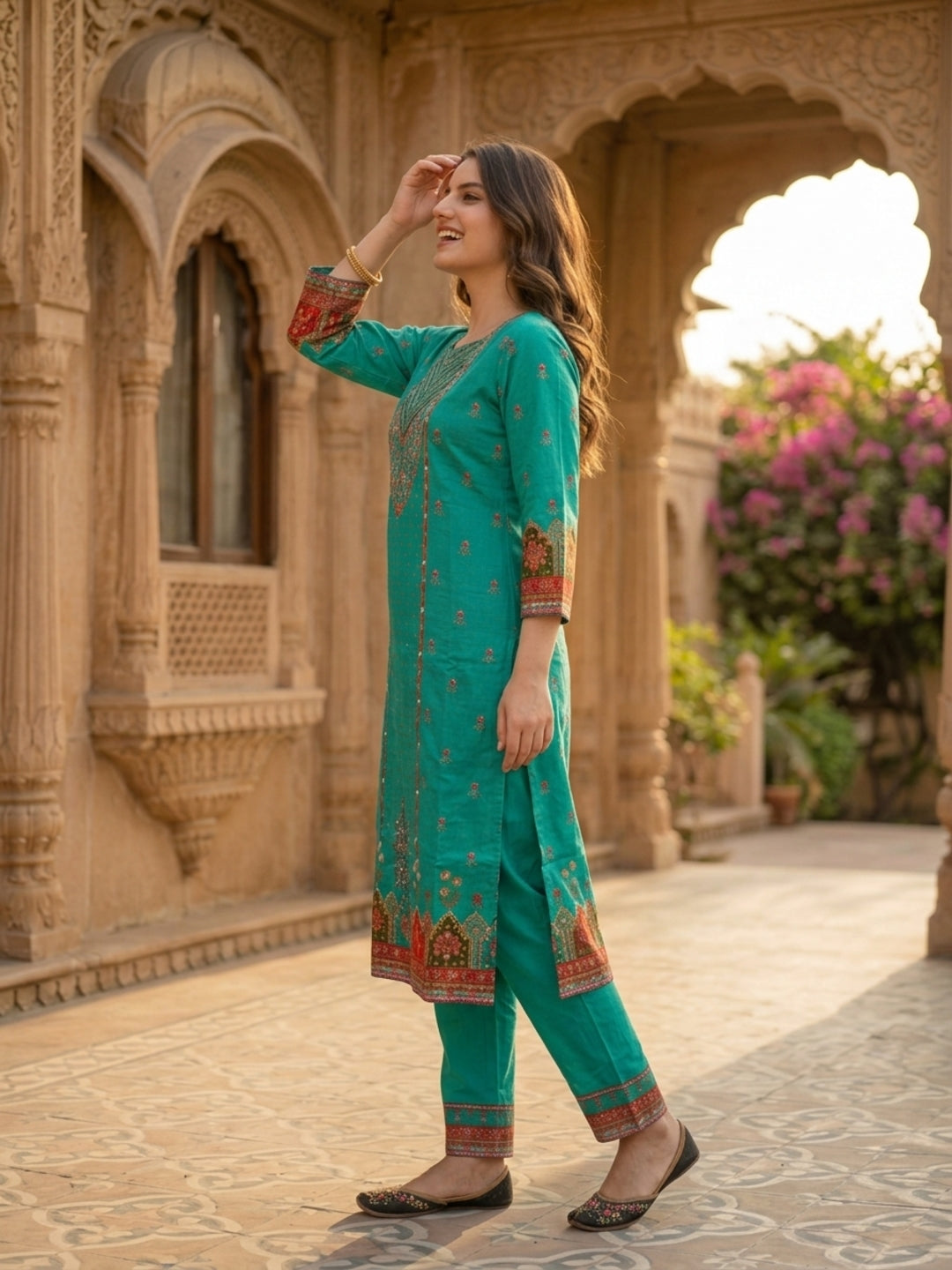 Turquoise Blue Floral Ethnic Printed Embroidered Cotton Straight Kurta Set with Palazzo and Dupatta