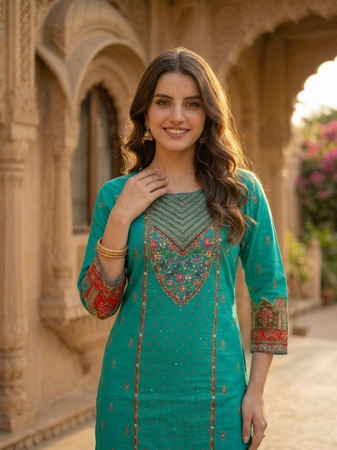 Turquoise Blue Floral Ethnic Printed Embroidered Cotton Straight Kurta Set with Palazzo and Dupatta