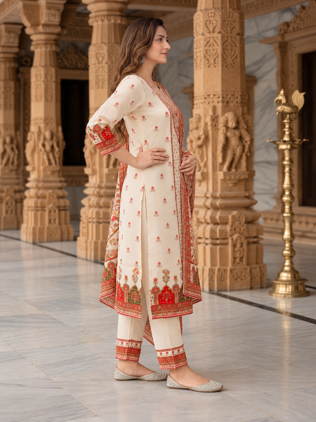 Cream Floral Ethnic Printed Embroidered Cotton Straight Kurta Set with Palazzo and Dupatta