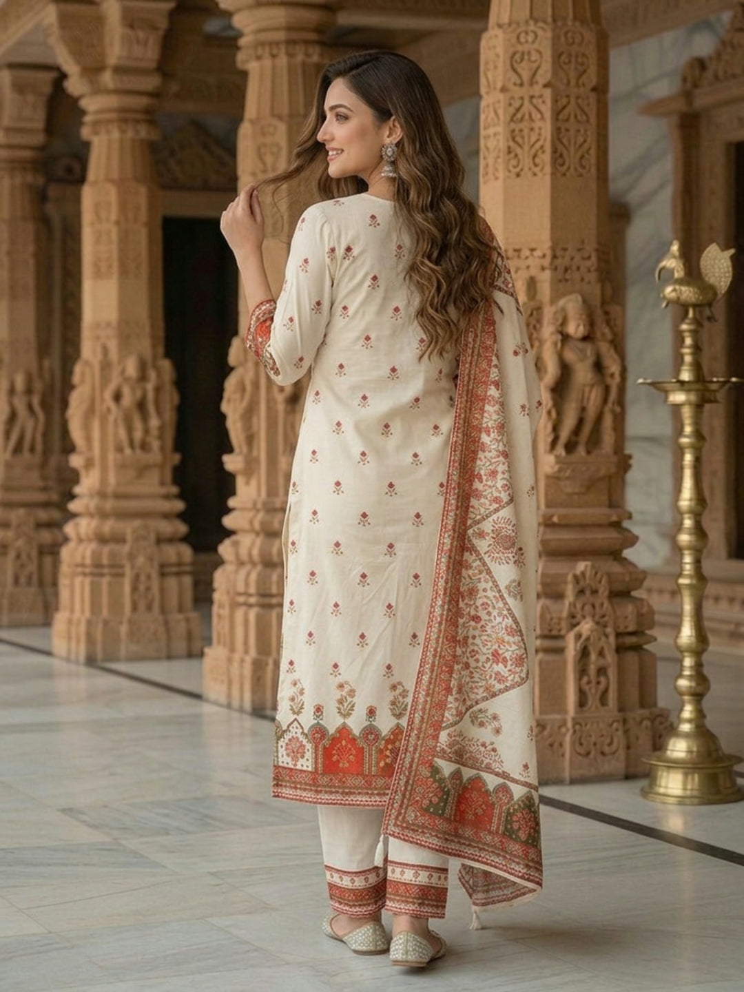 Cream Floral Ethnic Printed Embroidered Cotton Straight Kurta Set with Palazzo and Dupatta