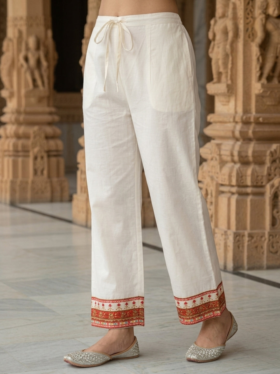 Cream Floral Ethnic Printed Embroidered Cotton Straight Kurta Set with Palazzo and Dupatta
