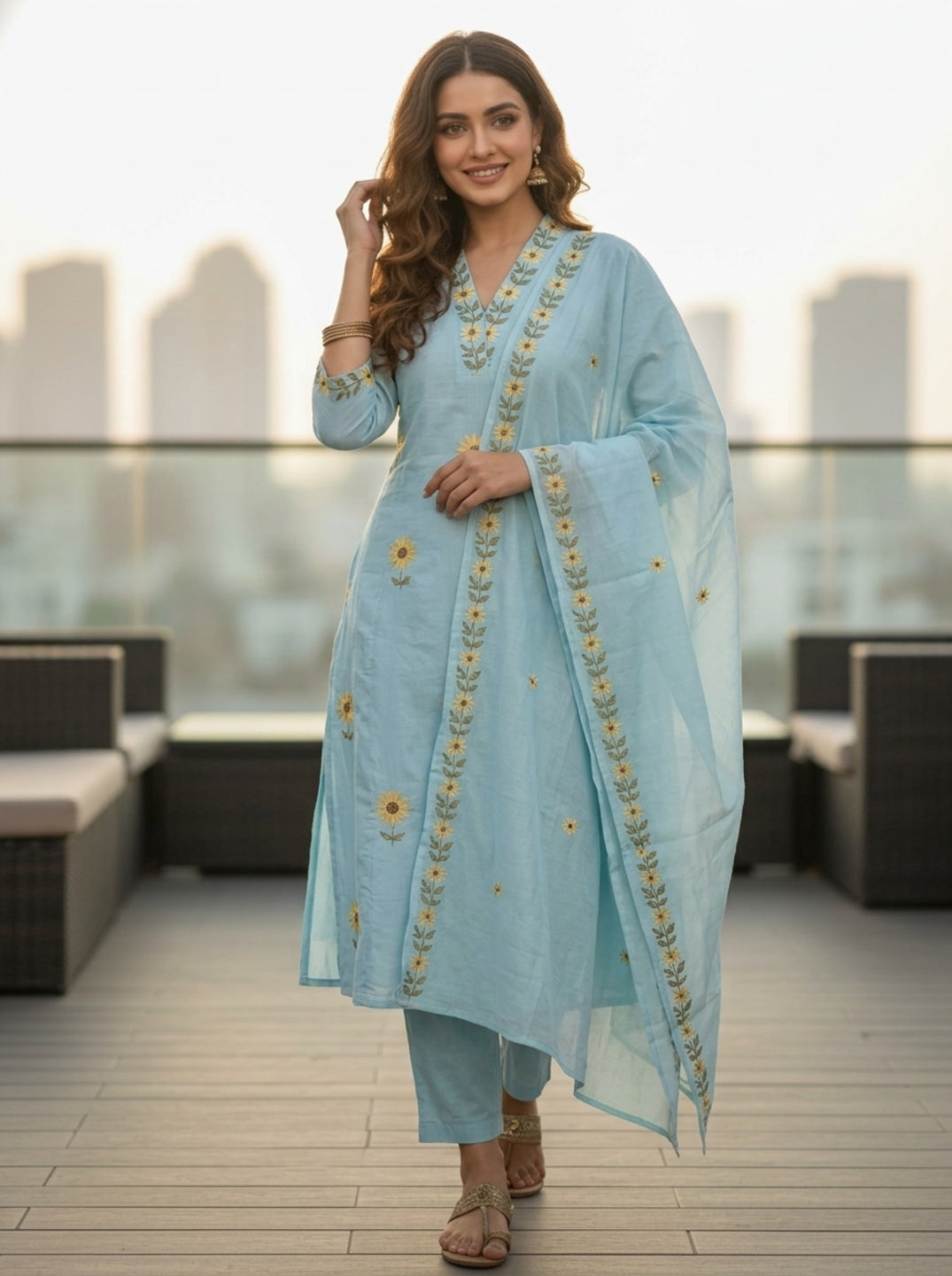 Ice Blue Solid Floral Embroidered Chanderi Silk Anarkali Kurta Set with Palazzo and Dupatta