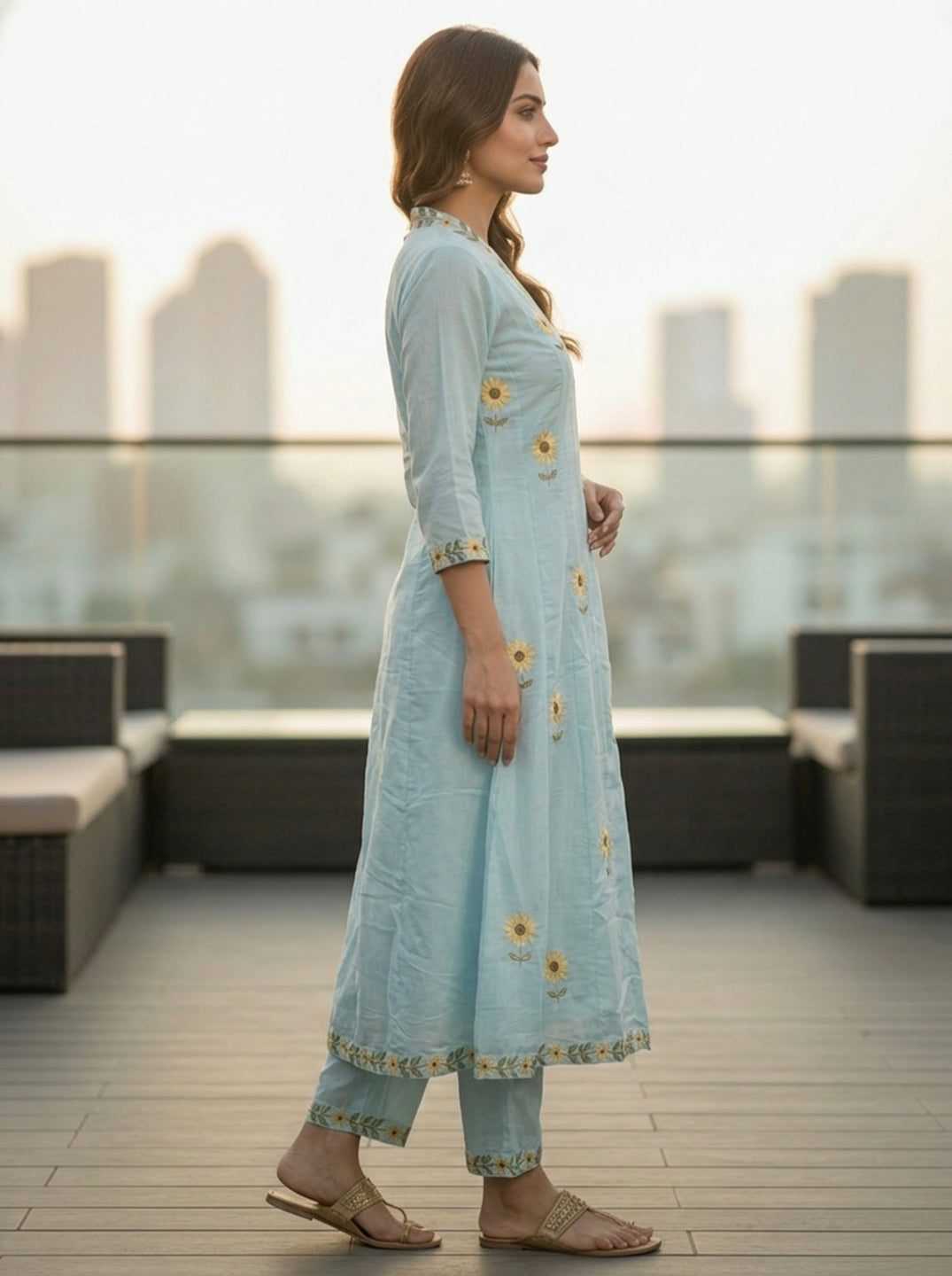Ice Blue Solid Floral Embroidered Chanderi Silk Anarkali Kurta Set with Palazzo and Dupatta