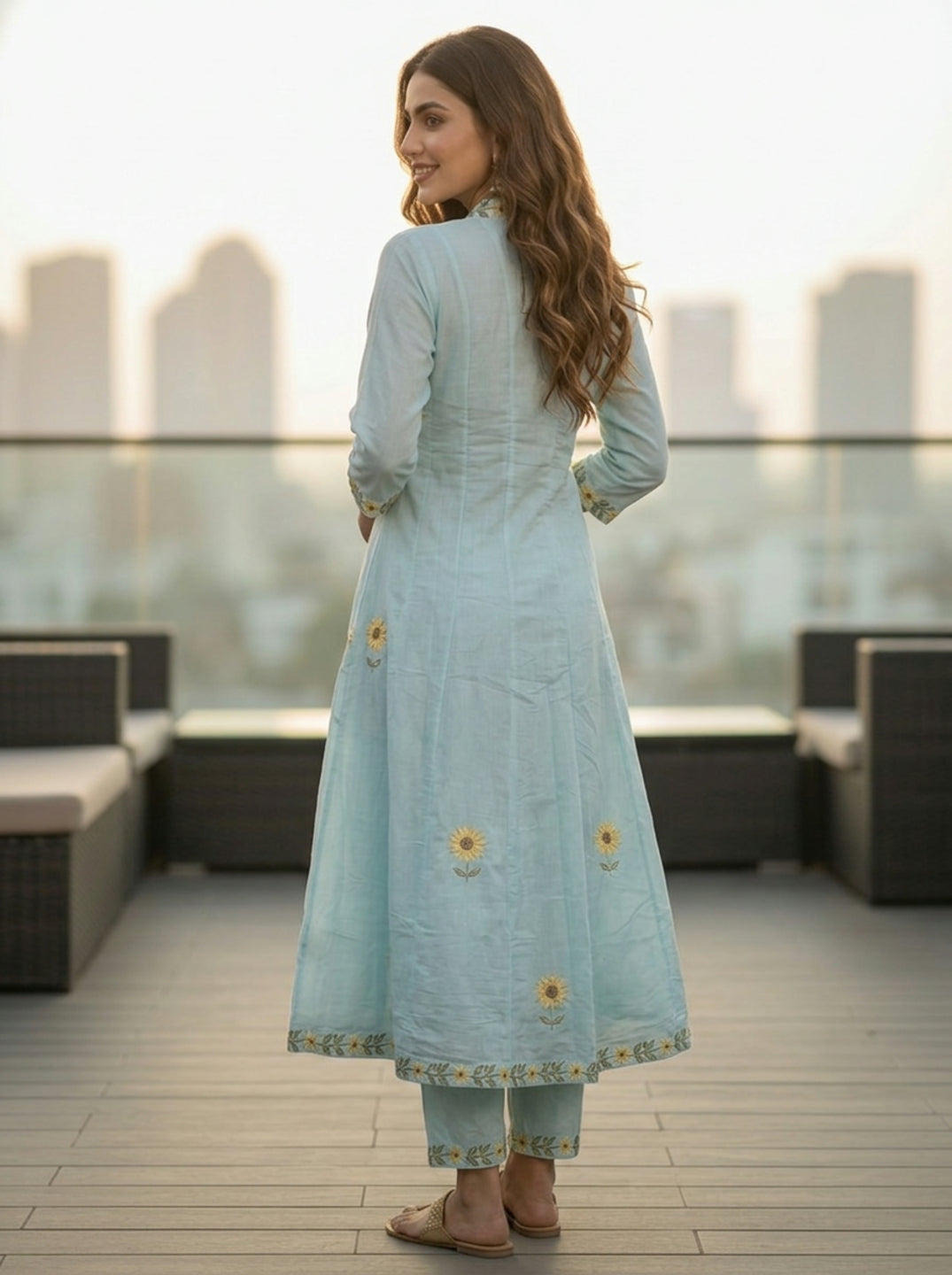 Ice Blue Solid Floral Embroidered Chanderi Silk Anarkali Kurta Set with Palazzo and Dupatta