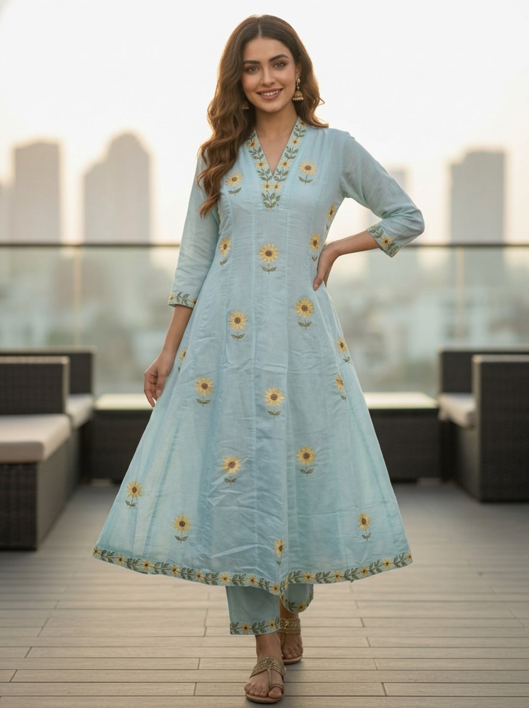 Ice Blue Solid Floral Embroidered Chanderi Silk Anarkali Kurta Set with Palazzo and Dupatta