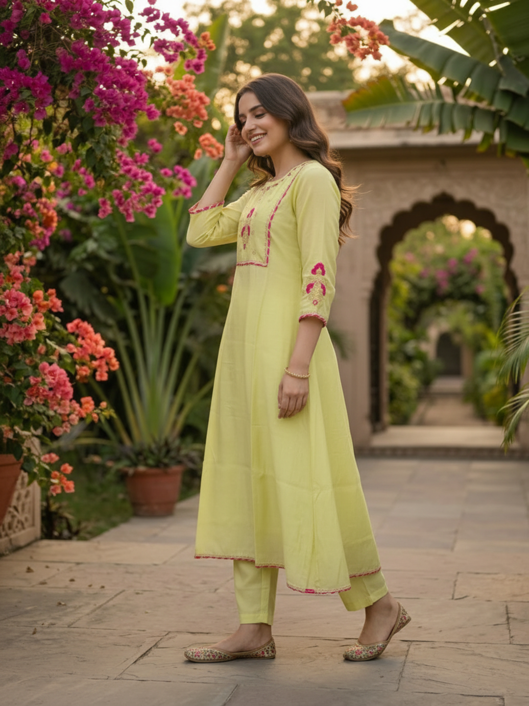 Lime Green Solid Floral Hand-Embroidered Poly Chanderi A-Line Kurta Set with Pant and Dupatta