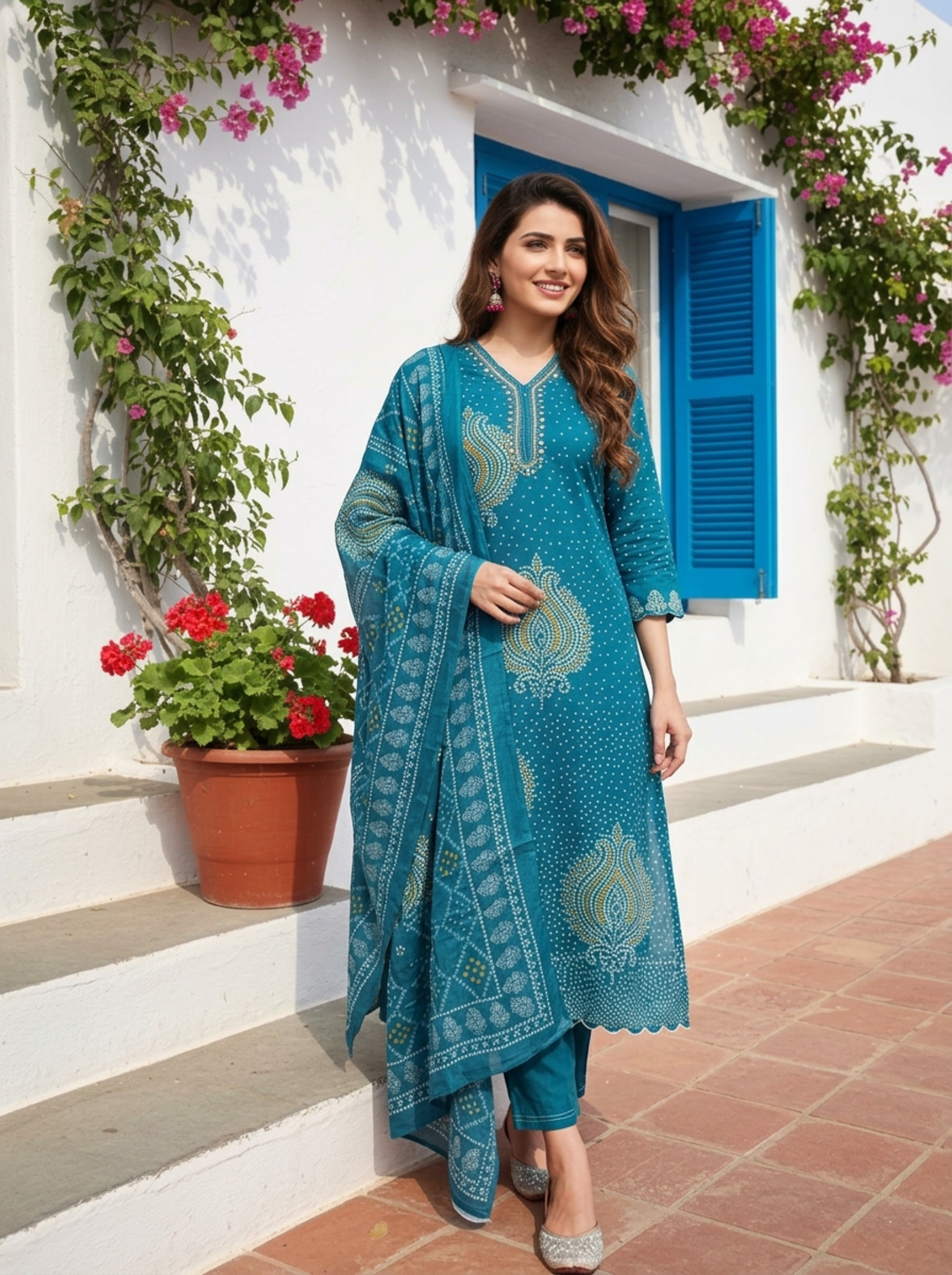 Teal Blue Bandhani Printed Mirror Work Shantoon Straight Kurta Set with Palazzo and Poly Chanderi Dupatta