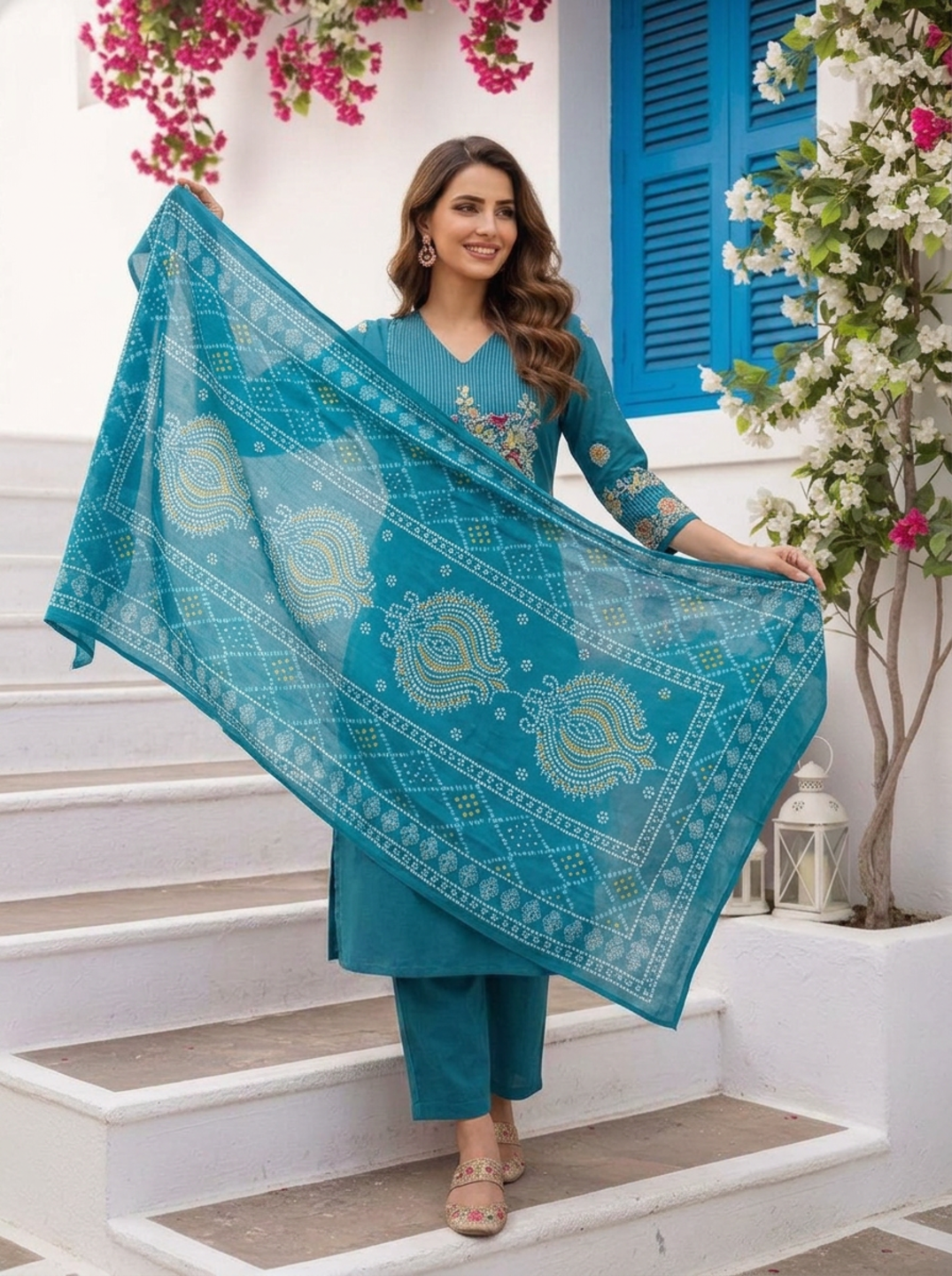 Teal Blue Bandhani Printed Mirror Work Shantoon Straight Kurta Set with Palazzo and Poly Chanderi Dupatta