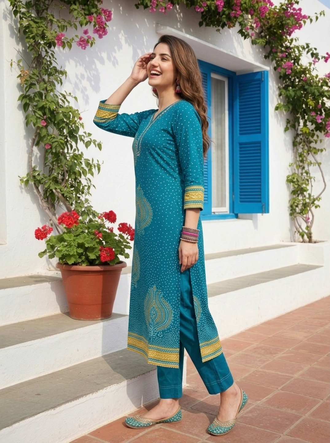 Teal Blue Bandhani Printed Mirror Work Shantoon Straight Kurta Set with Palazzo and Poly Chanderi Dupatta
