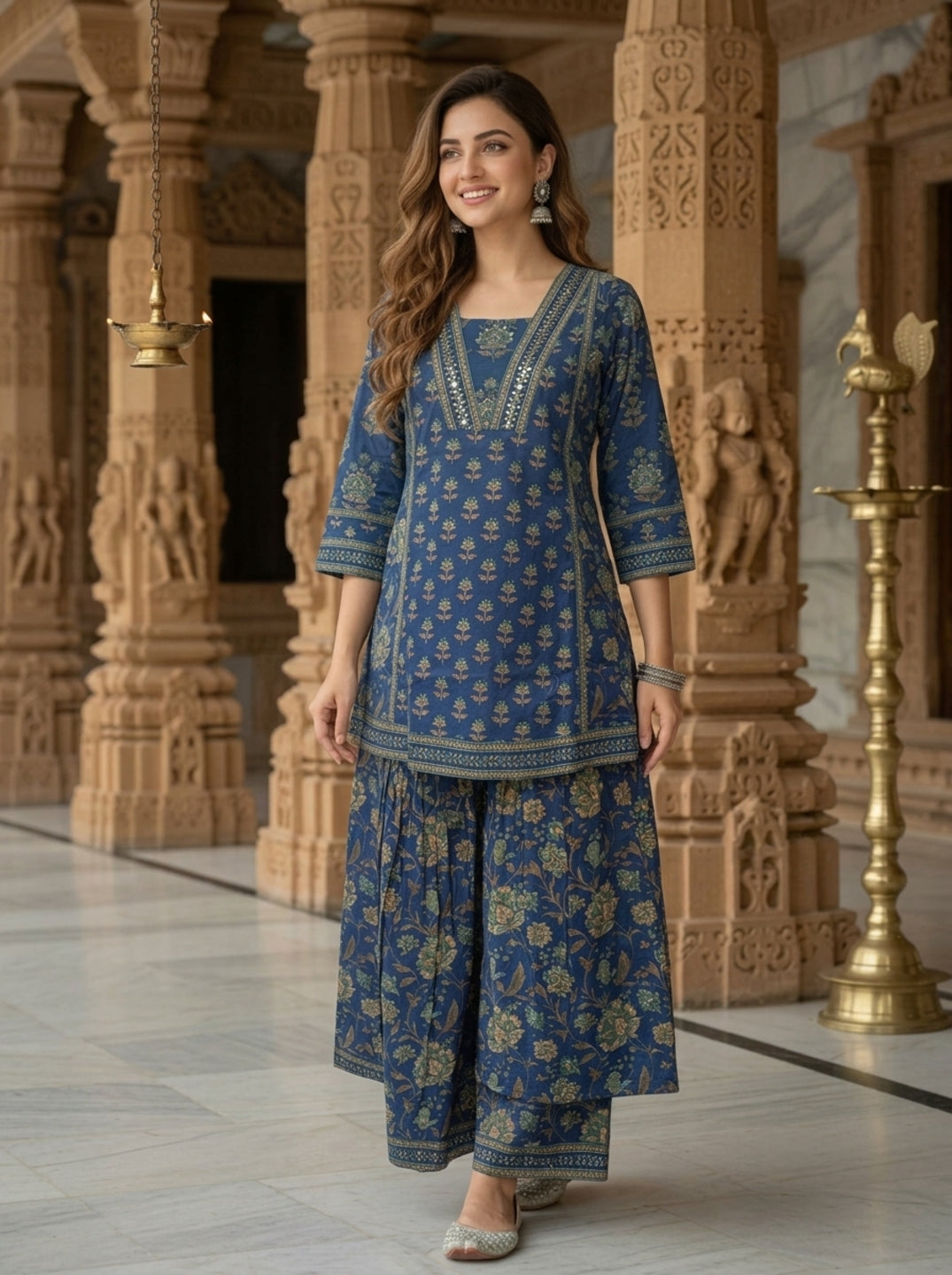 Steel Blue Floral Ethnic Printed Sequin Cotton Anarkali Short Kurta Set with Sharara and Dupatta