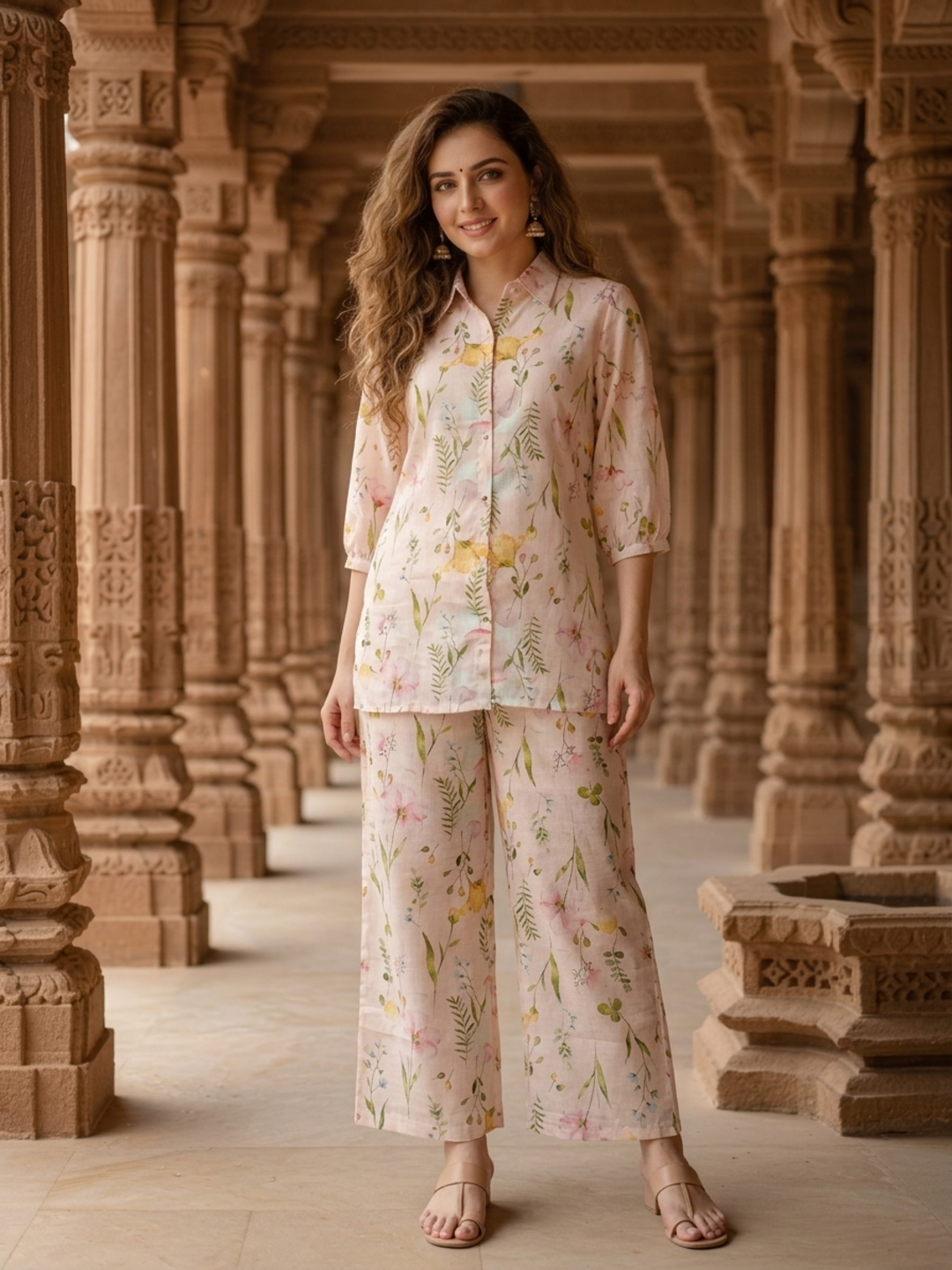 Multicolor Abstract Floral Printed Cotton Straight Fit Co-ord Set with Palazzo