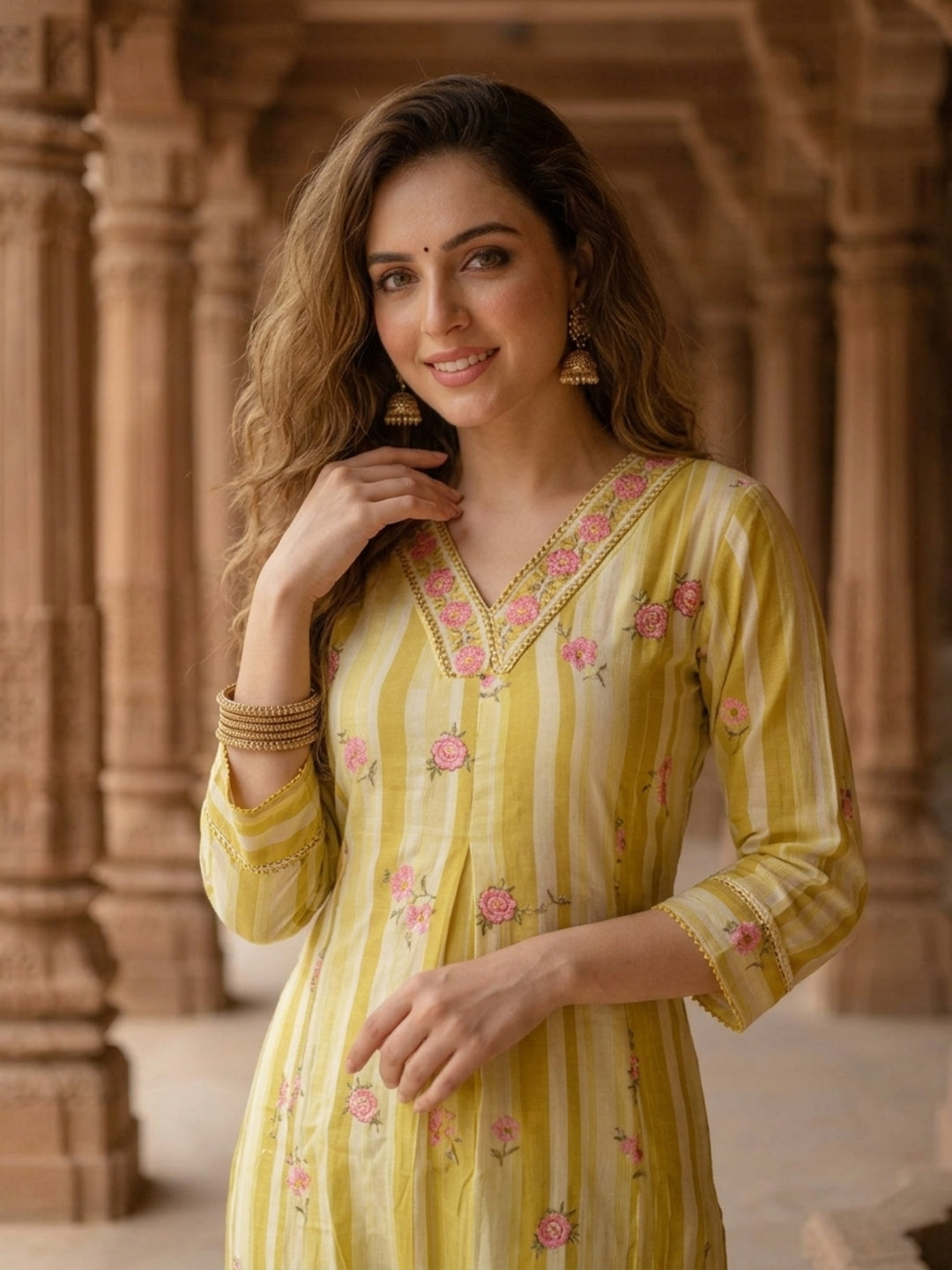 Mustard floral and striped cotton co-ord set, product photo 5