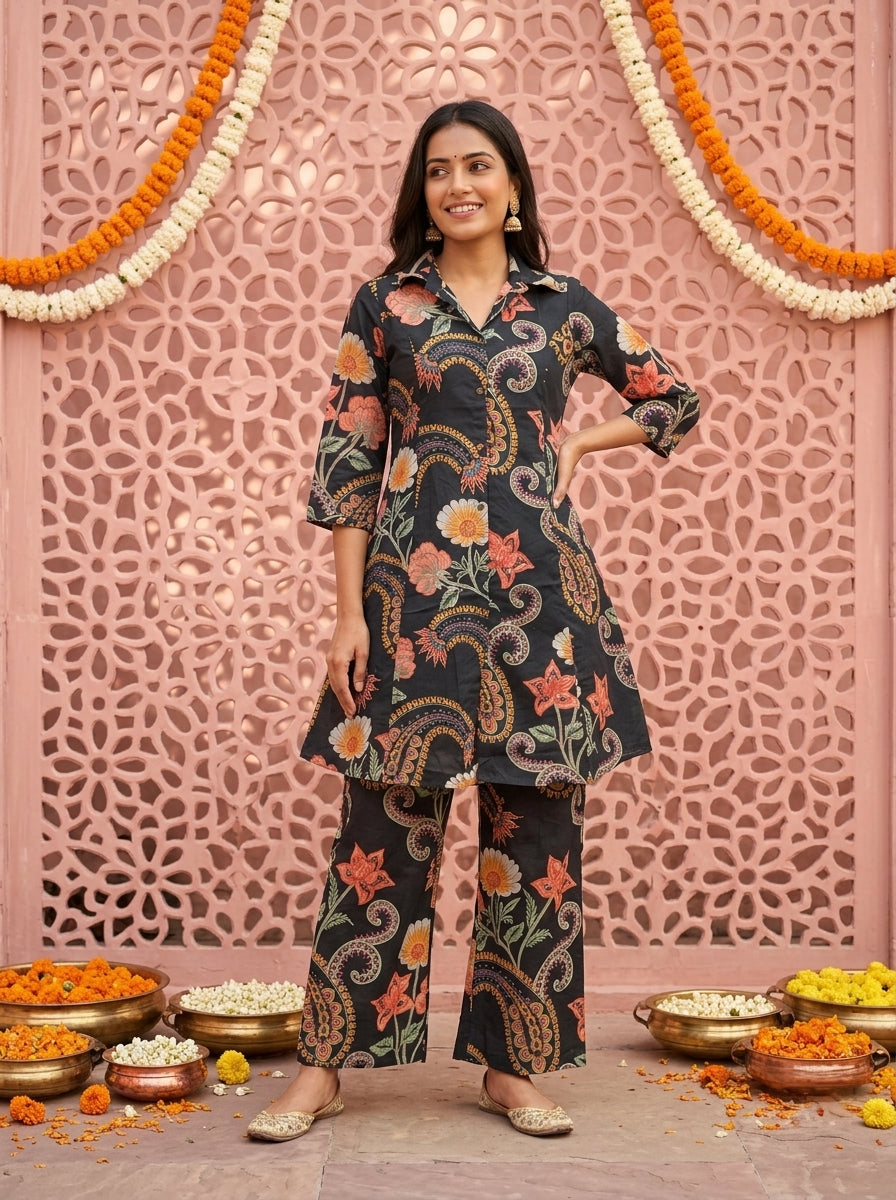 Black Abstract Floral Printed Cotton A-Line Kurta Set with Palazzo