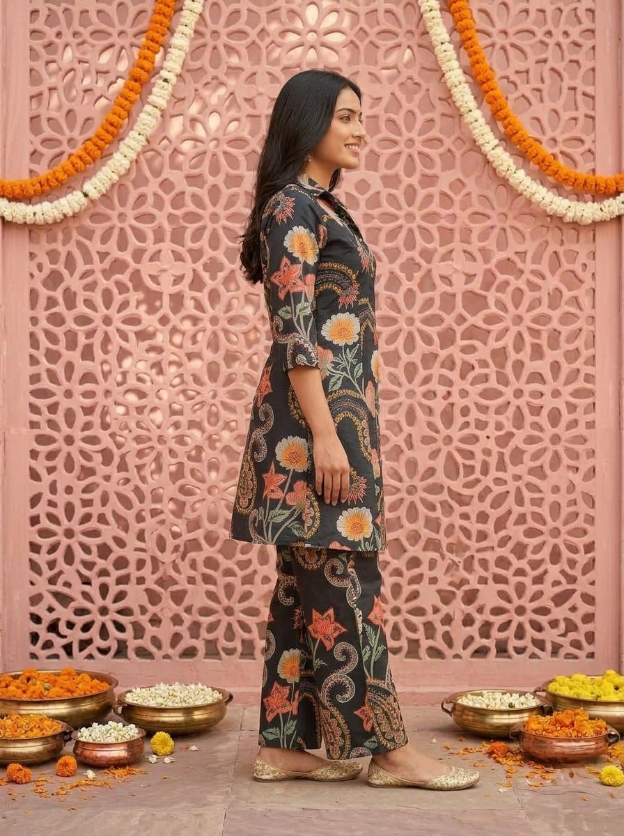 Black Abstract Floral Printed Cotton A-Line Kurta Set with Palazzo