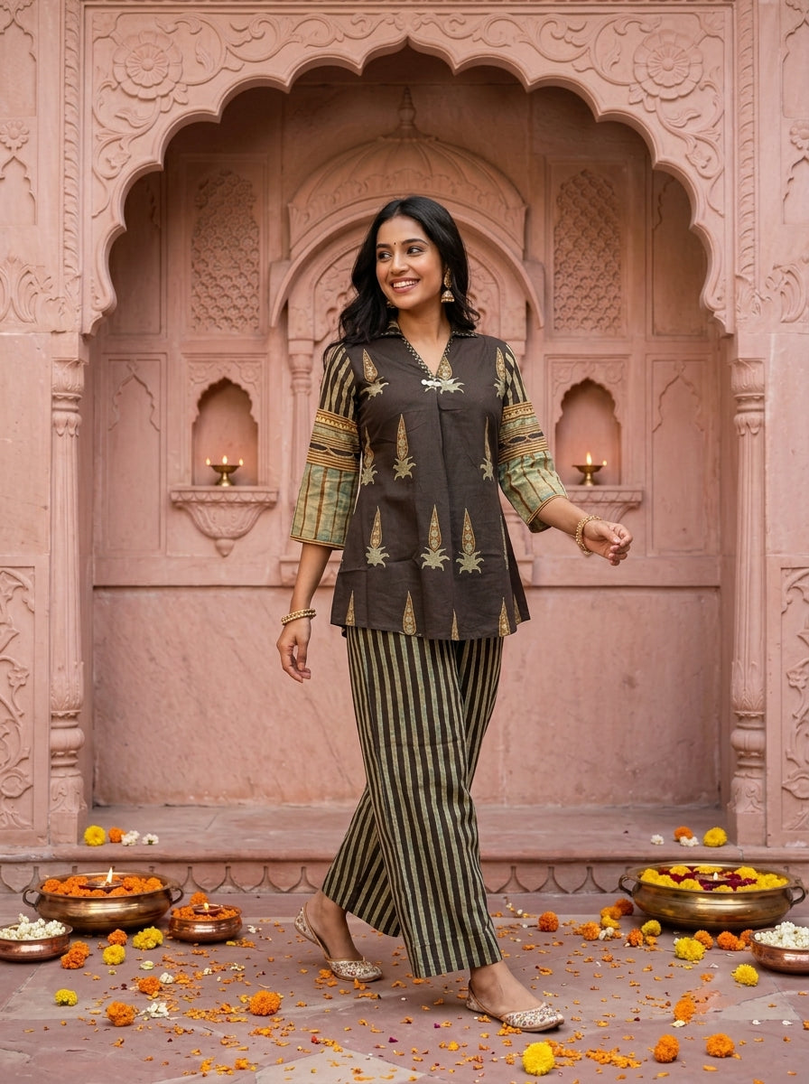 Espresso Brown Floral Ethnic Printed Embroidered Cotton A-Line Kurta Set with Palazzo