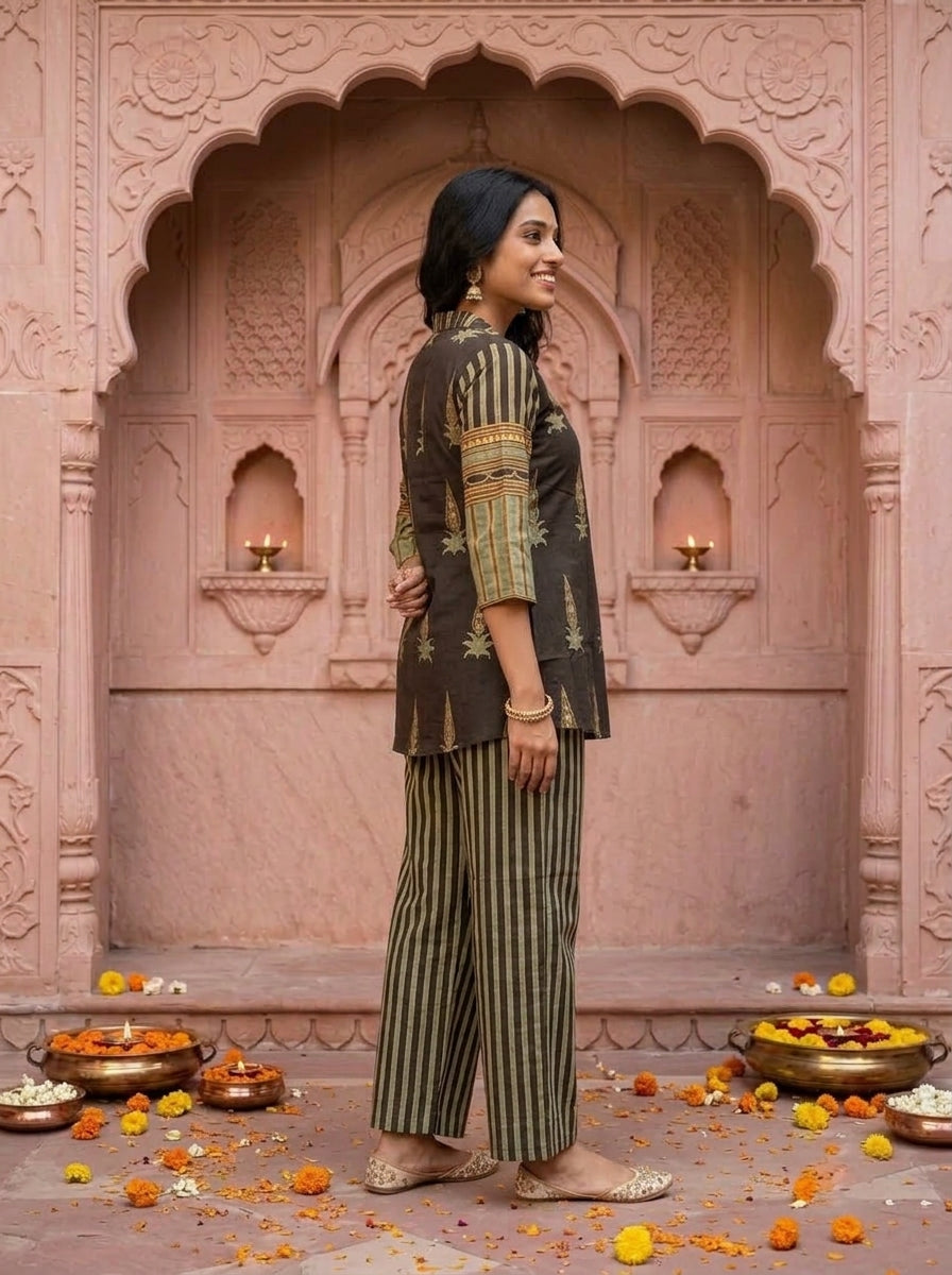 Espresso Brown Floral Ethnic Printed Embroidered Cotton A-Line Kurta Set with Palazzo
