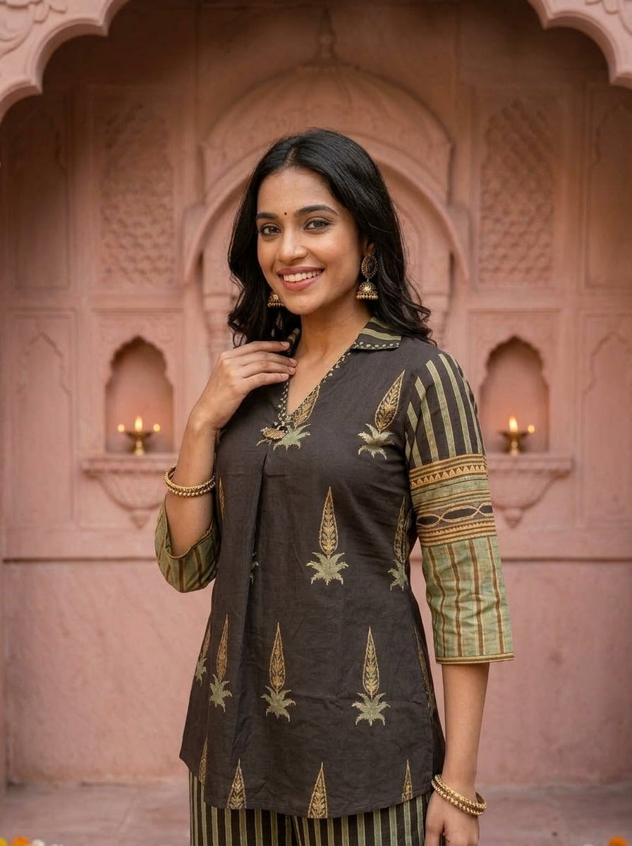 Espresso Brown Floral Ethnic Printed Embroidered Cotton A-Line Kurta Set with Palazzo