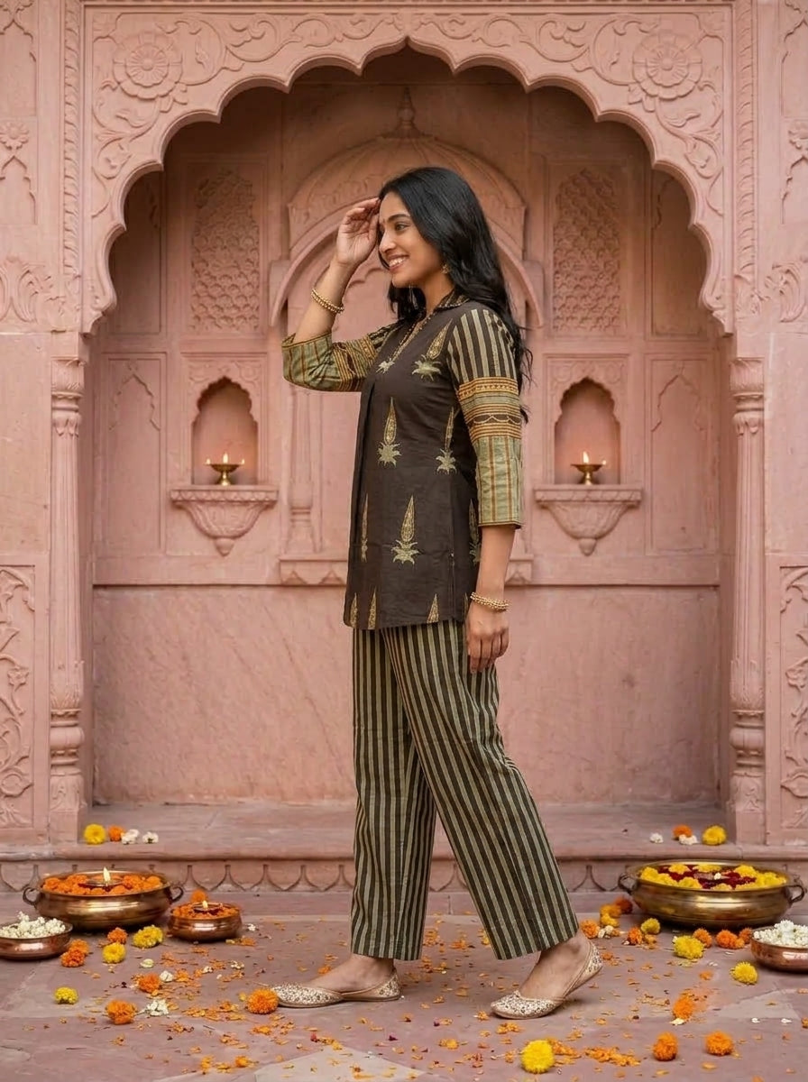 Espresso Brown Floral Ethnic Printed Embroidered Cotton A-Line Kurta Set with Palazzo