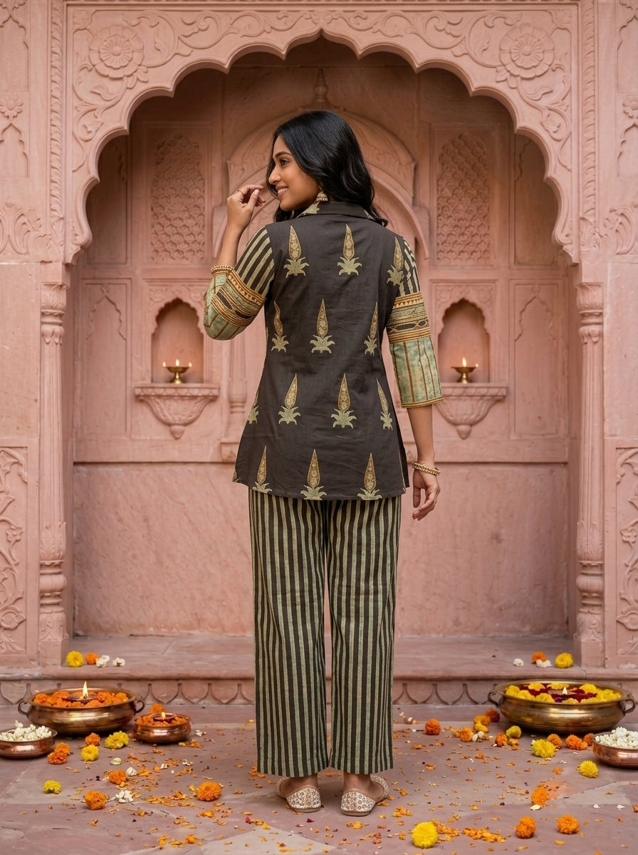 Espresso Brown Floral Ethnic Printed Embroidered Cotton A-Line Kurta Set with Palazzo