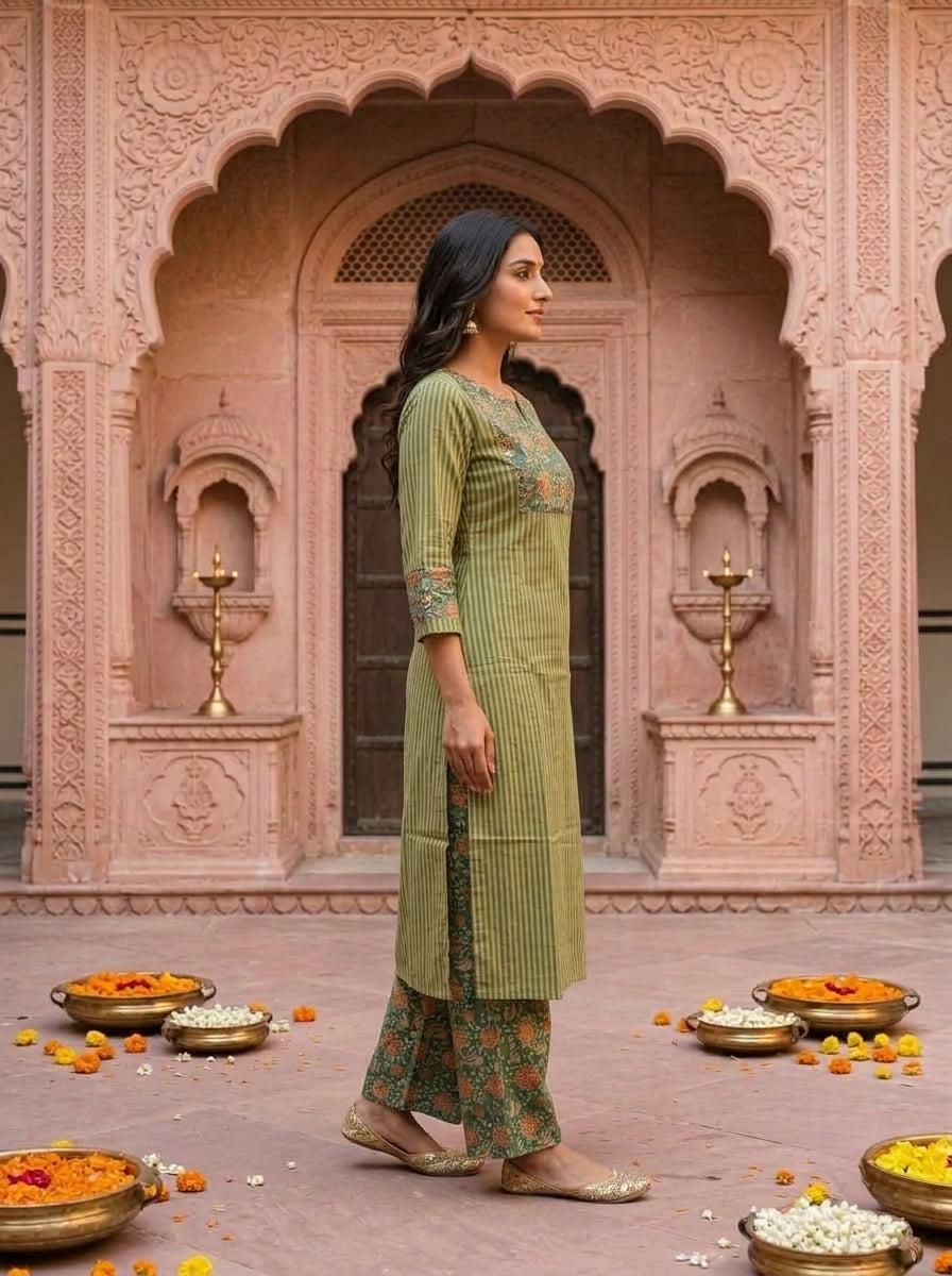 Green Kalamkari Floral Printed Embroidered Cotton Straight Kurta Set with Palazzo
