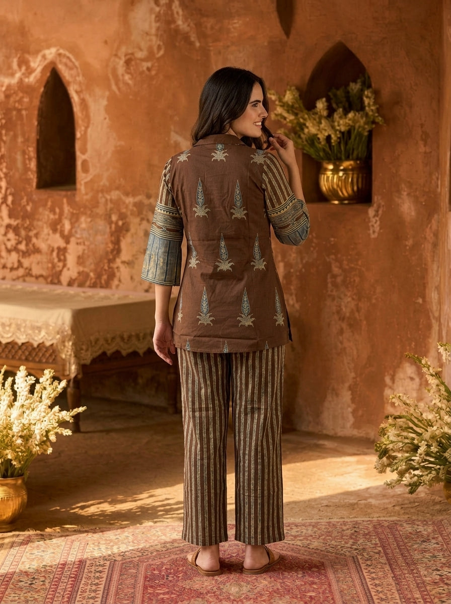 Brown Ethnic Printed Embroidered Cotton A-Line Kurta Set with Palazzo