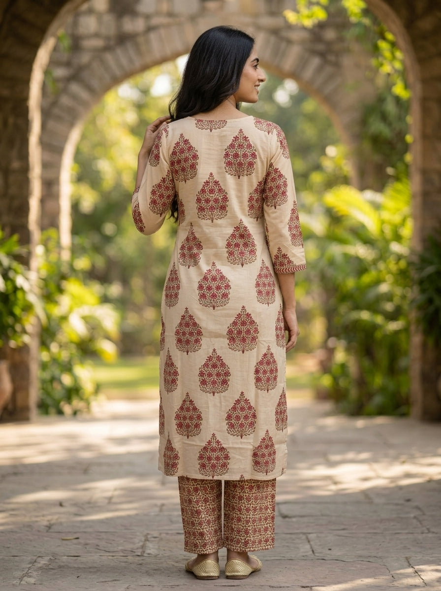 Peach Mughal Floral Ethnic Printed Sequin Cotton Straight Kurta Set with Palazzo and Dupatta