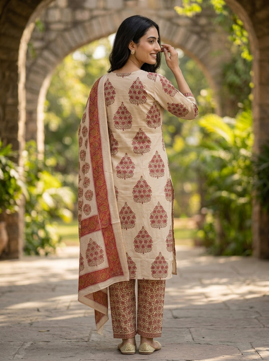 Peach Mughal Floral Ethnic Printed Sequin Cotton Straight Kurta Set with Palazzo and Dupatta