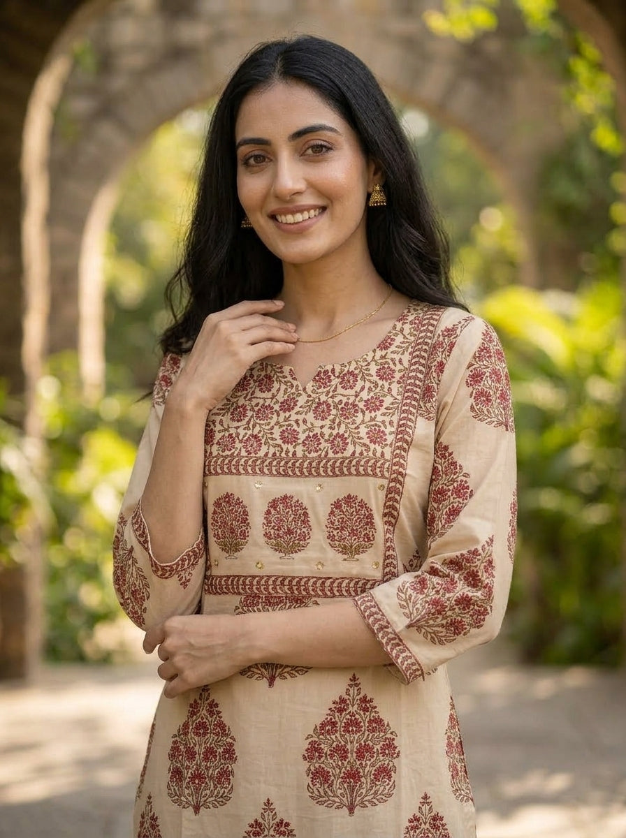 Peach Mughal Floral Ethnic Printed Sequin Cotton Straight Kurta Set with Palazzo and Dupatta