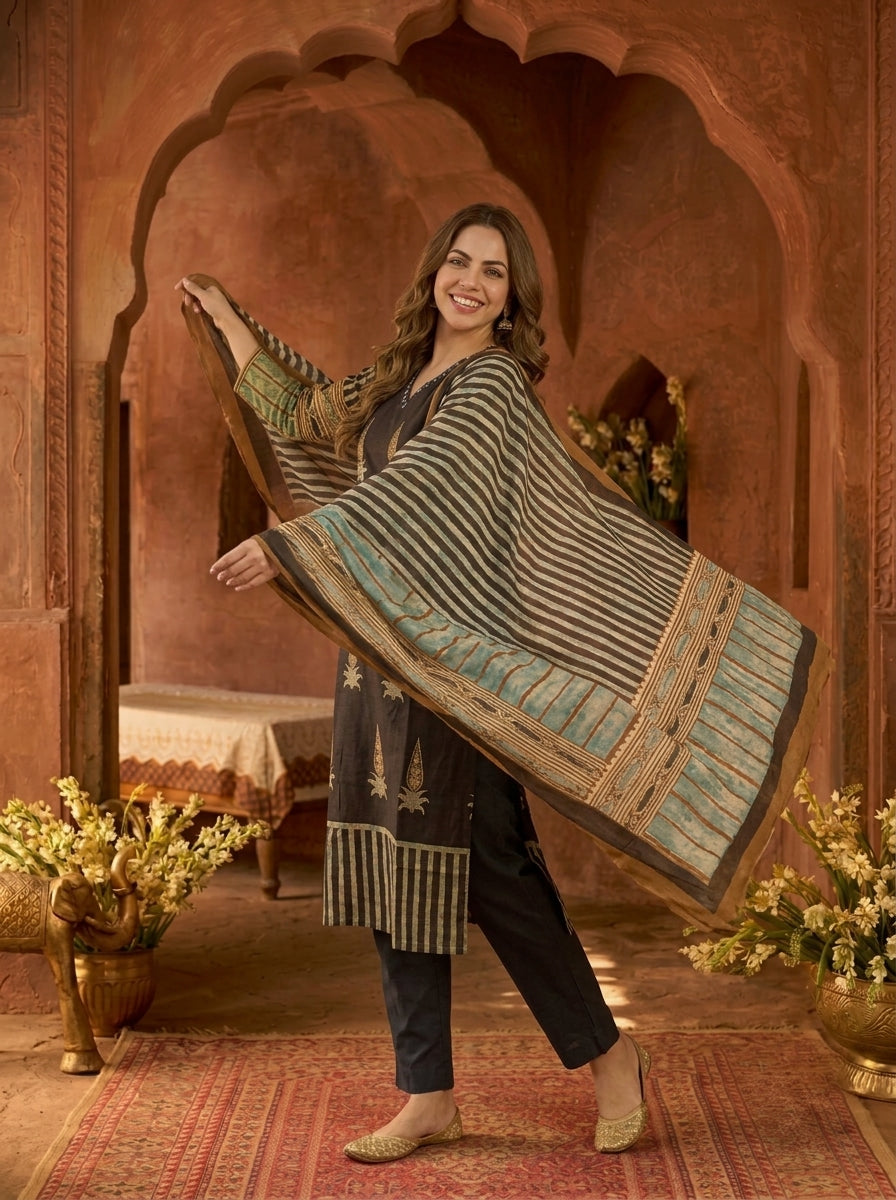 Espresso Brown Floral Ethnic Printed Embroidered Cotton Straight Kurta Set with Palazzo and Dupatta