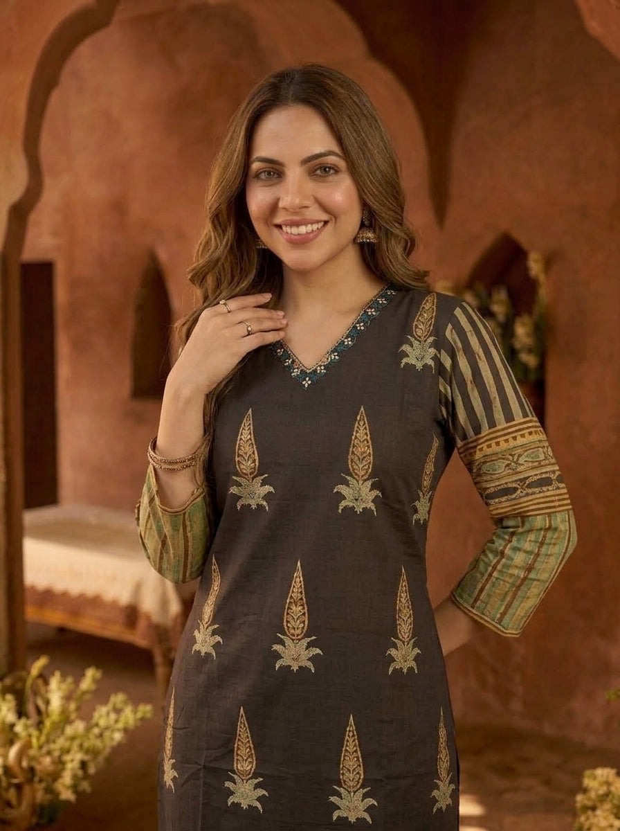 Espresso Brown Floral Ethnic Printed Embroidered Cotton Straight Kurta Set with Palazzo and Dupatta