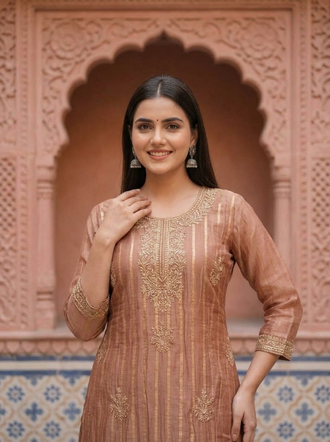 Rose Gold Solid Floral Dori Sequin Embroidered Tissue A-Line Kurta Set with Palazzo and Dupatta