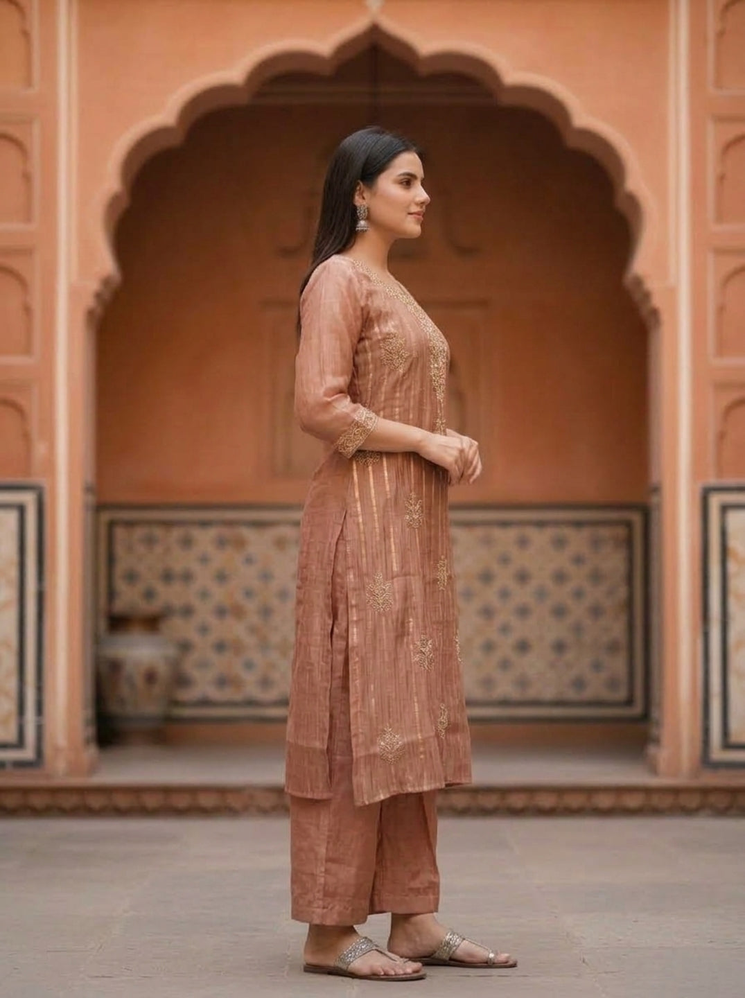 Rose Gold Solid Floral Dori Sequin Embroidered Tissue A-Line Kurta Set with Palazzo and Dupatta