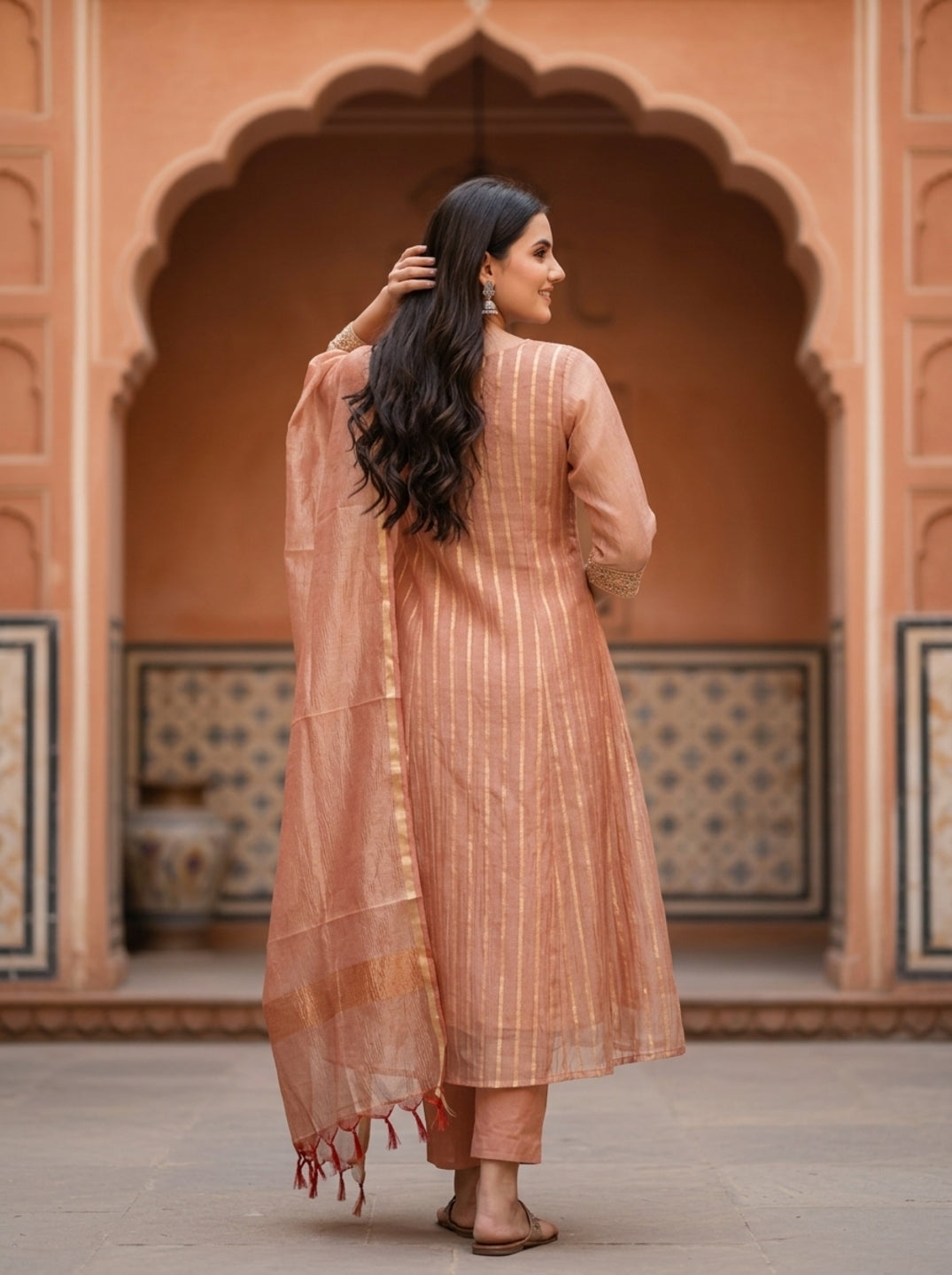 Rose Gold Solid Floral Dori Sequin Embroidered Tissue A-Line Kurta Set with Palazzo and Dupatta