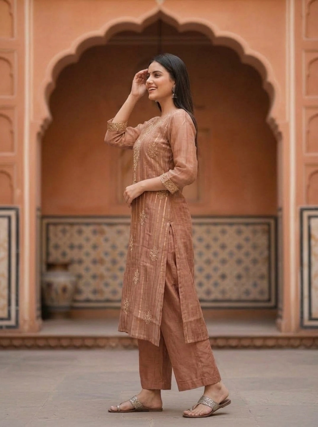 Rose Gold Solid Floral Dori Sequin Embroidered Tissue A-Line Kurta Set with Palazzo and Dupatta