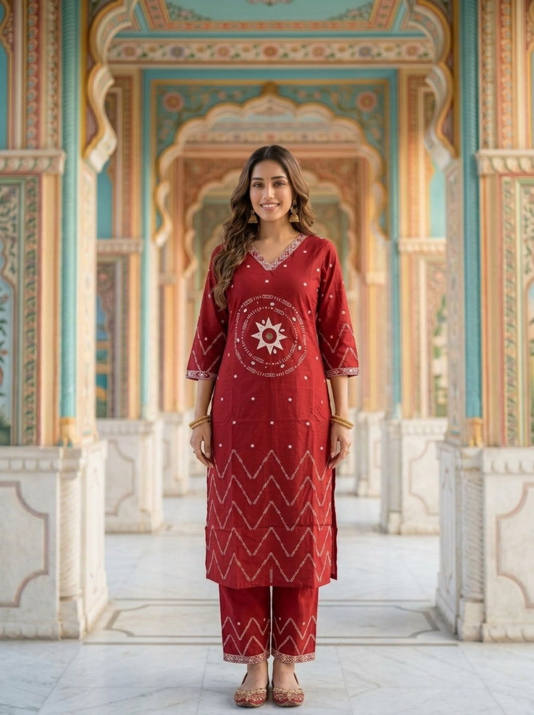 Maroon Ethnic Printed Embroidered Cotton Straight Kurta Set with Palazzo and Dupatta