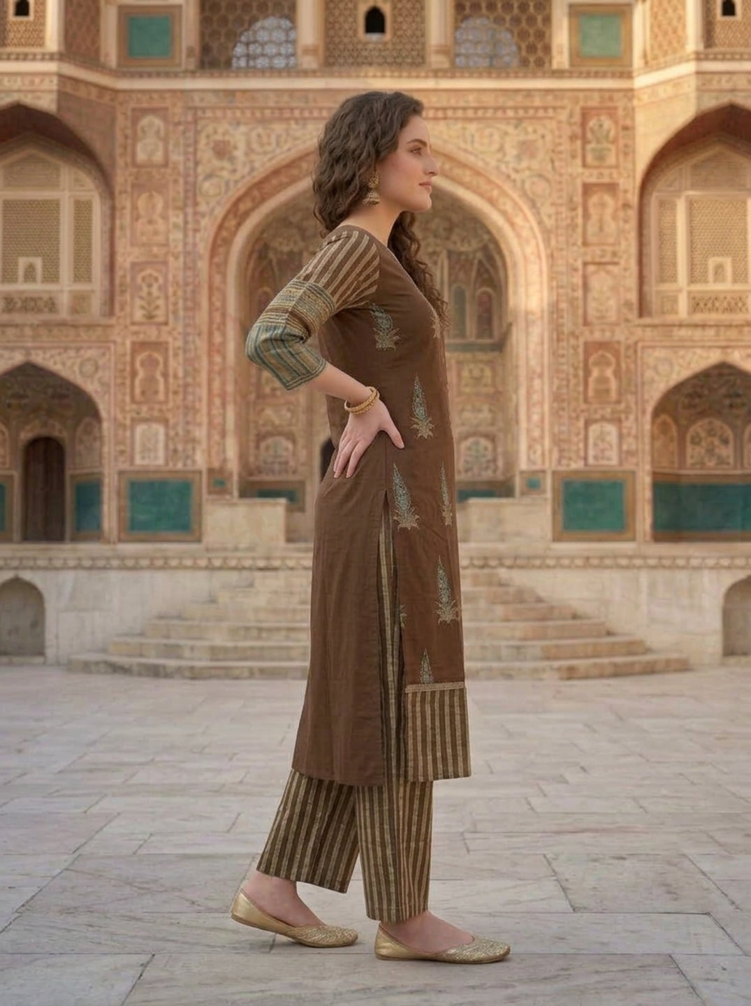Brown Floral Ethnic Printed Embroidered Cotton Straight Kurta Set with Palazzo and Dupatta