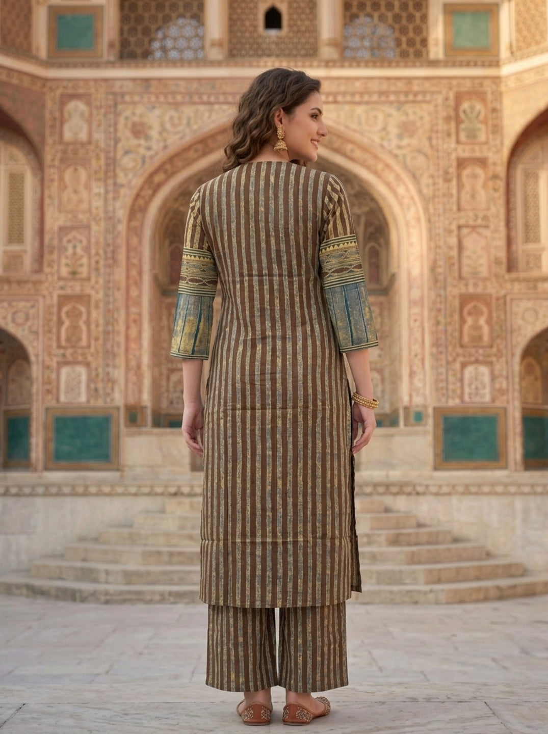 Brown Floral Ethnic Printed Embroidered Cotton Straight Kurta Set with Palazzo and Dupatta