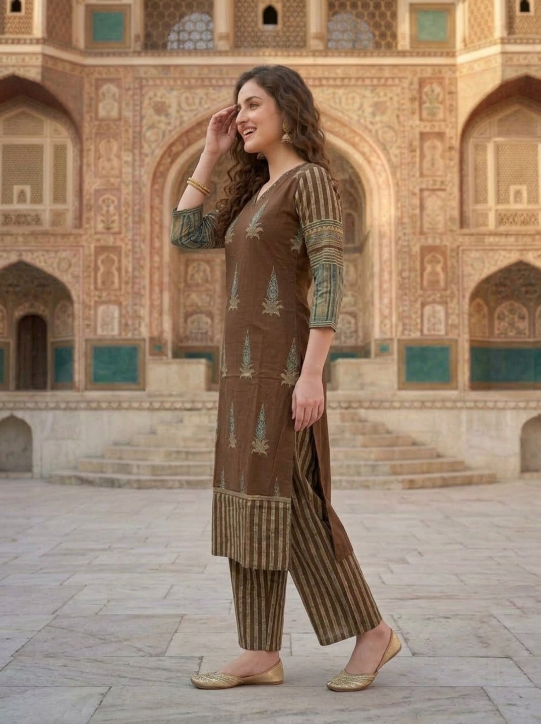 Brown Floral Ethnic Printed Embroidered Cotton Straight Kurta Set with Palazzo and Dupatta