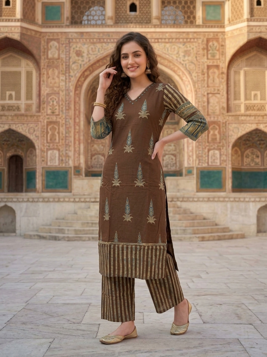 Brown Floral Ethnic Printed Embroidered Cotton Straight Kurta Set with Palazzo and Dupatta