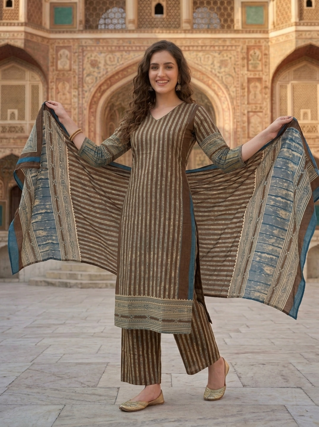 Brown Floral Ethnic Printed Embroidered Cotton Straight Kurta Set with Palazzo and Dupatta