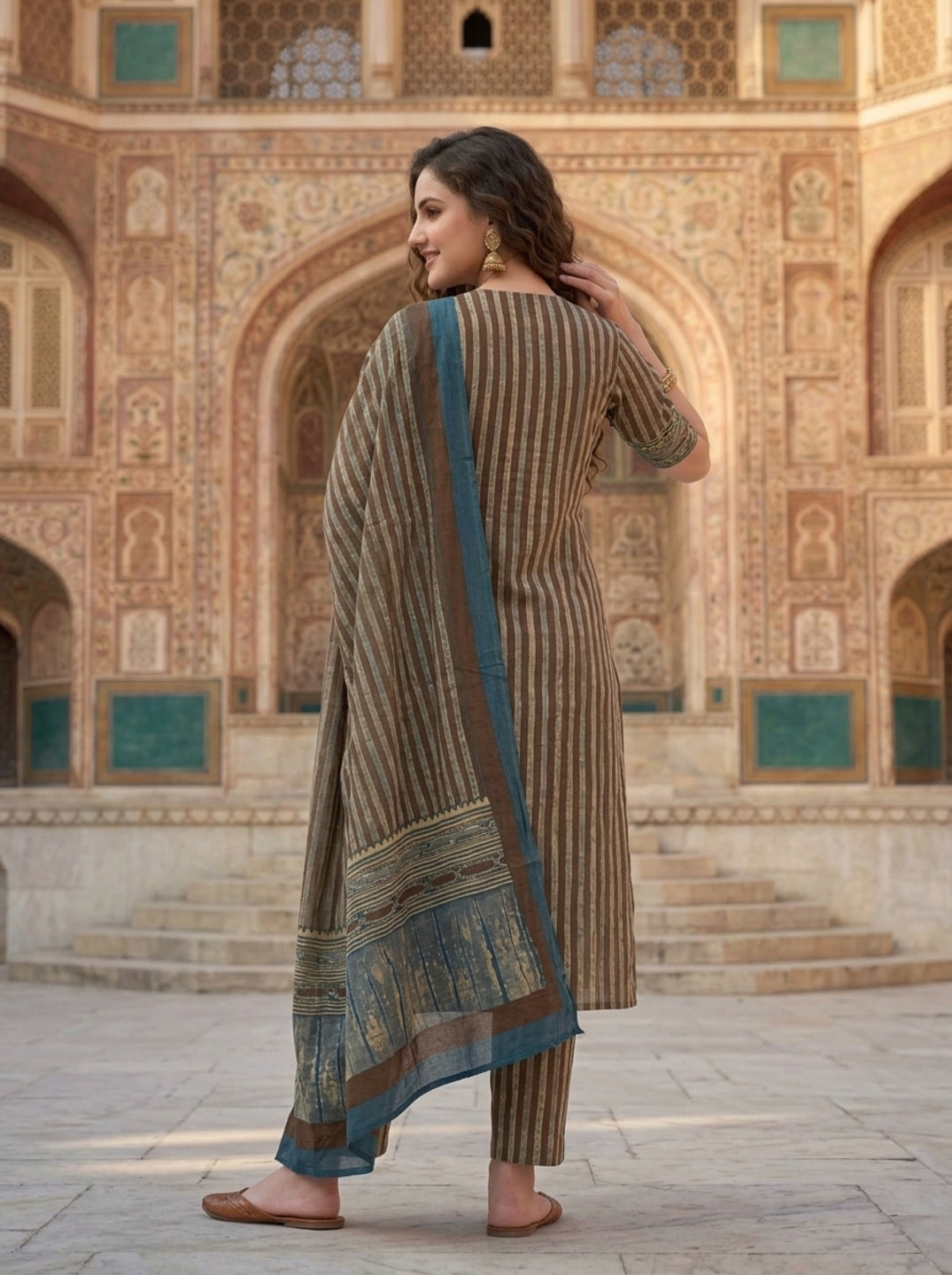 Brown Floral Ethnic Printed Embroidered Cotton Straight Kurta Set with Palazzo and Dupatta