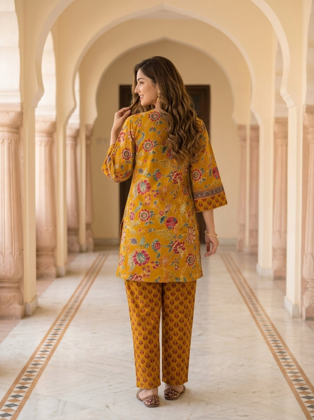 Mustard Yellow Floral Ethnic Printed Embroidered Cotton A-Line Kurta Set with Salwar and Dupatta