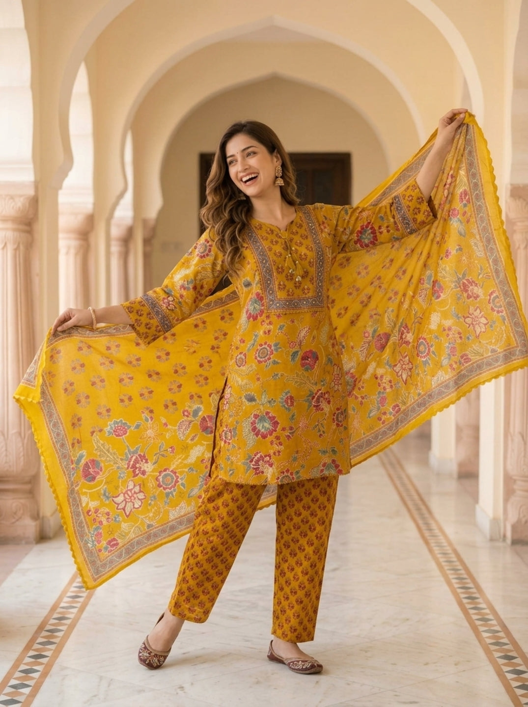 Mustard Yellow Floral Ethnic Printed Embroidered Cotton A-Line Kurta Set with Salwar and Dupatta