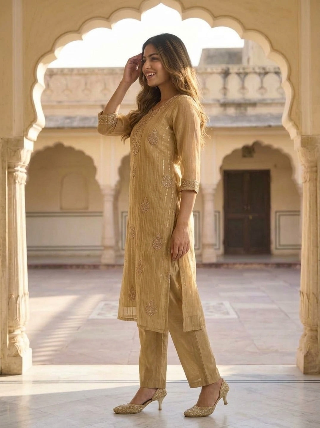 Gold Solid Floral Dori Sequin Embroidered Tissue A-Line Kurta Set with Palazzo and Dupatta
