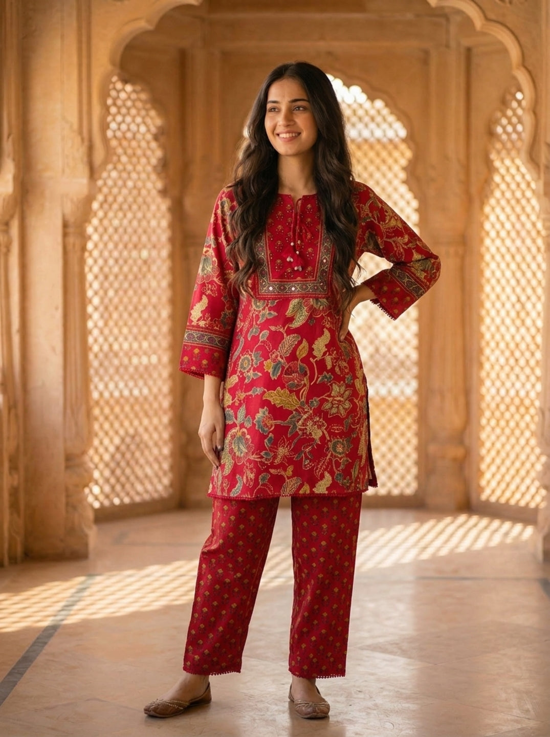 Pink Floral Ethnic Printed Embroidered Lace Work Cotton A-Line Kurta Set with Salwar and Dupatta