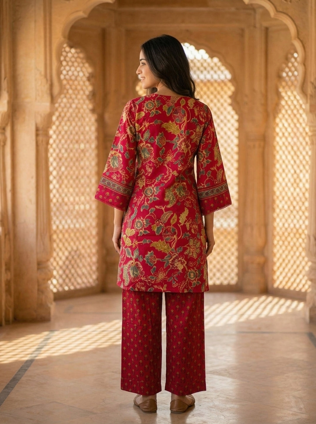 Pink Floral Ethnic Printed Embroidered Lace Work Cotton A-Line Kurta Set with Salwar and Dupatta