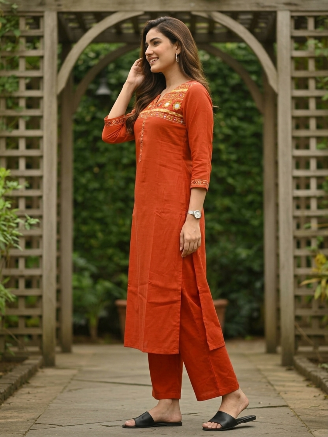 Rust Solid Sequin Embroidered Muslin Silk Straight Kurta Set with Palazzo and Dupatta
