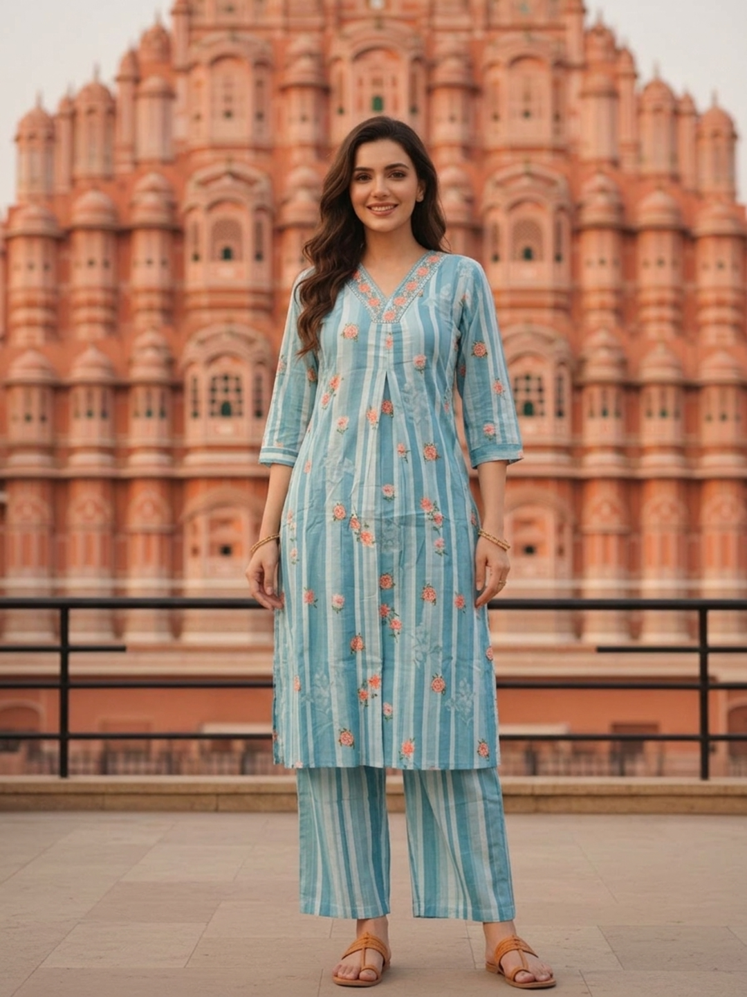 Blue Floral and Stripes Printed Embroidered Cotton A-Line Co-ord Set with Palazzo